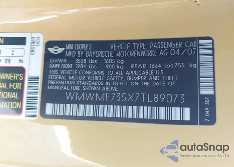 2007 Mini Cooper S из США, поврежденный, VIN WMWMF735X7TL89073